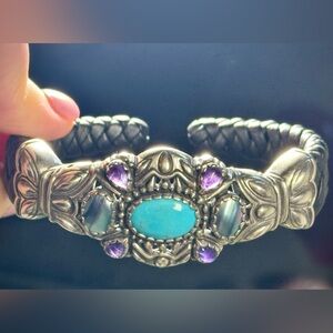 Carolyn Pollack Turquoise Amethyst Sterling Silver Leather Cuff Bracelet